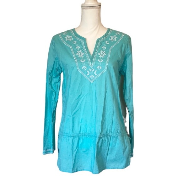GAP 100% Cotton Embroidered Turquoise V-Neck Long Sleeve Women’s Med. Tunic Top - Picture 11 of 11